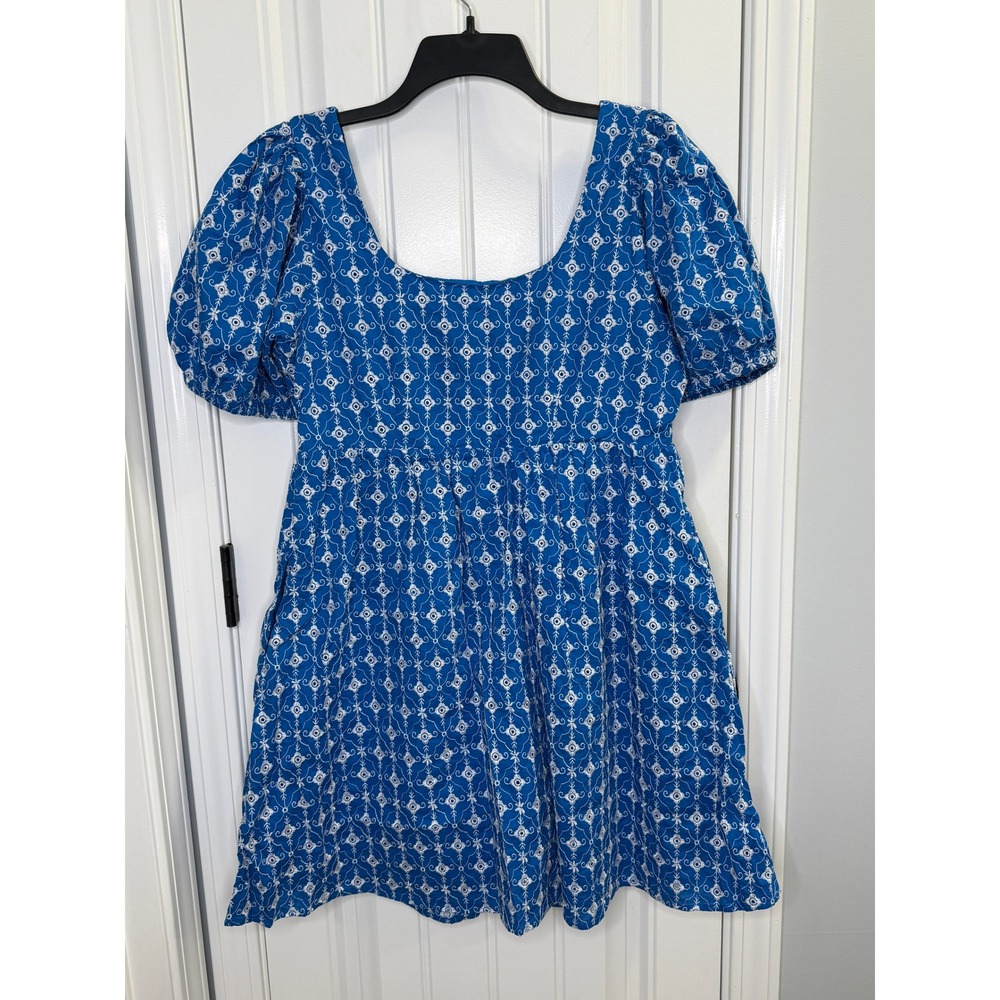 Rhode x Target Size M Blue Embroidered Mini Dress Puff Sleeve Cotton Vacation - Picture 5 of 7
